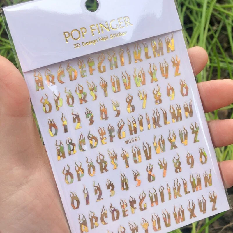 Laser Alphanumeric 10 Color Nail Sticker Decoration 3D Burning Alphabet Arabic Numerals Nail Slider Decal Manicure Accessories