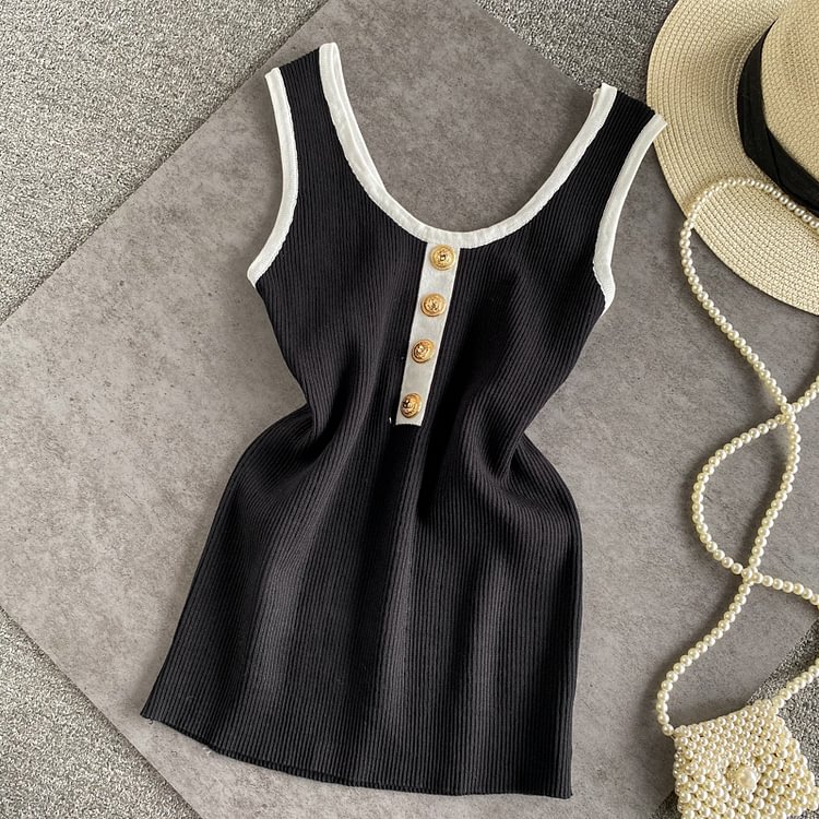 Summer Womens Patched O Neck Tank Tops Female Bodycon Knitted Buttons Simple Stretchy Camisole Sleeveless Tee Shirts Women - Life is Beautiful for You - SheChoic