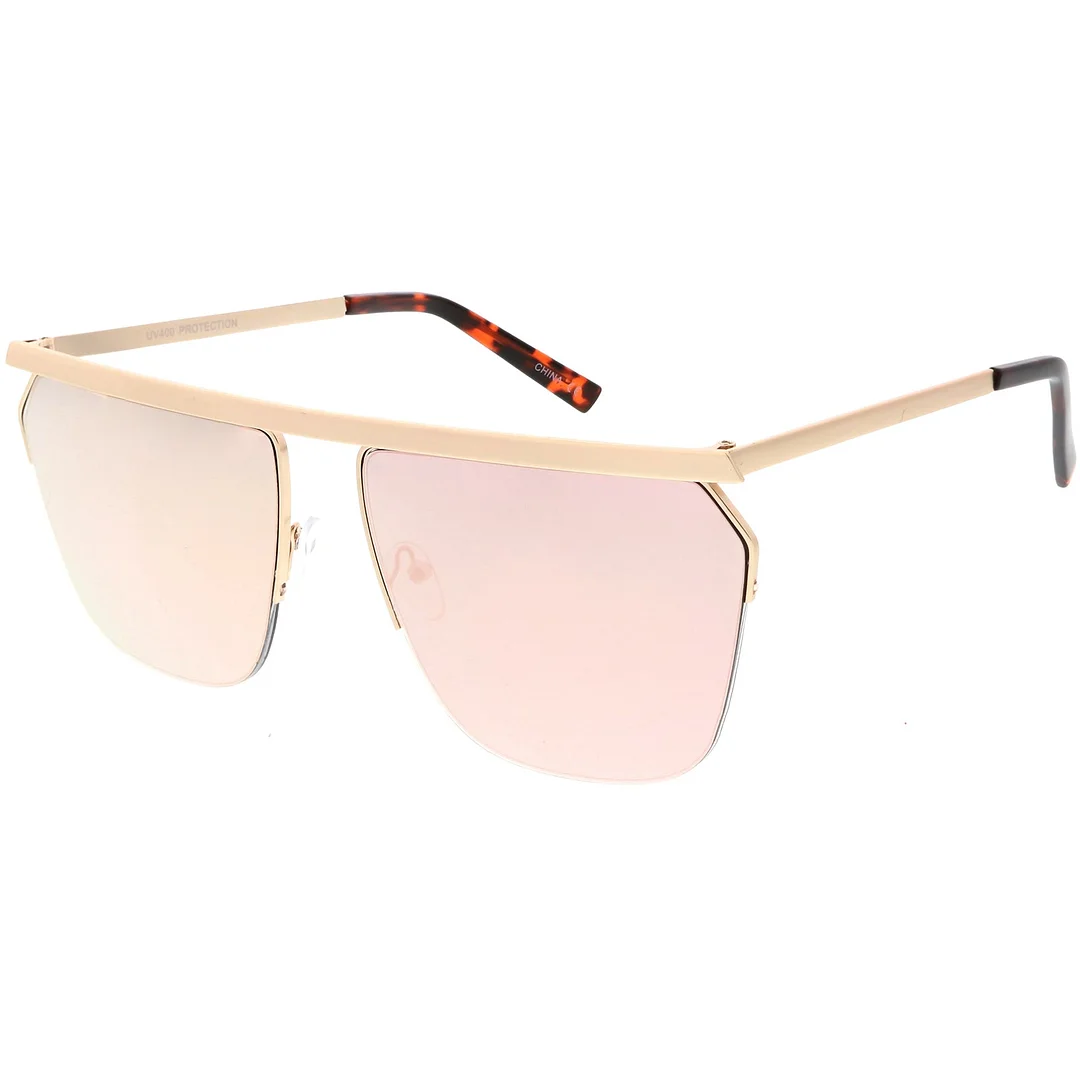 Overesize Modern Semi Rimless Aviator glasses Straight Crossbar Color Mirrored Flat Lens 63mm