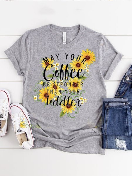 Gray Short Sleeve Cotton Floral-Print Shirts & Tops