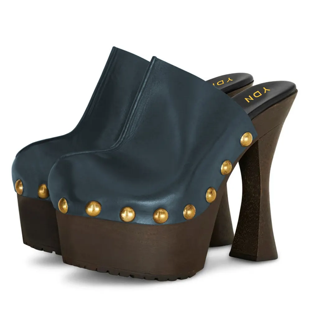 YDN Trendy Navy Round Toe Studded Spool Heel Platform Mules