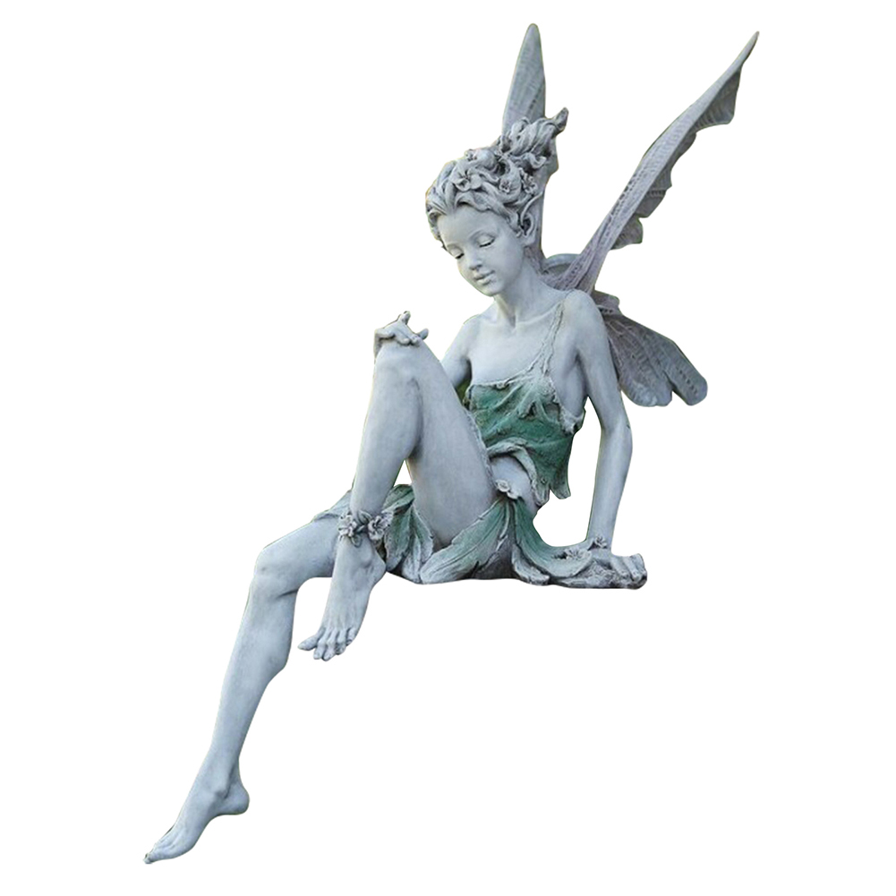Flower Fairy Sculpture Resin Turek Sitting Statue Angel Yard Decor (White)