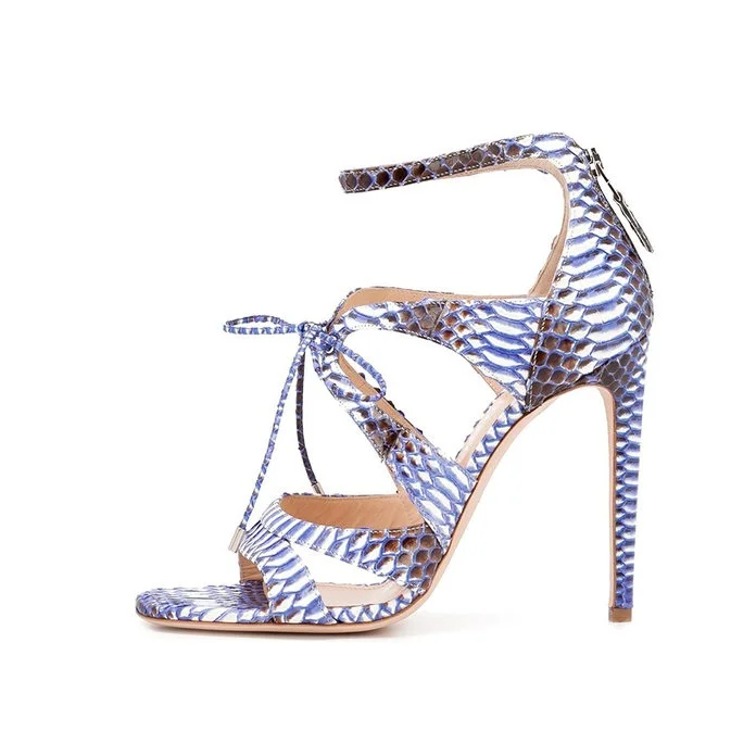 Blue and White Python Stiletto Heels Sandals |FSJ Shoes