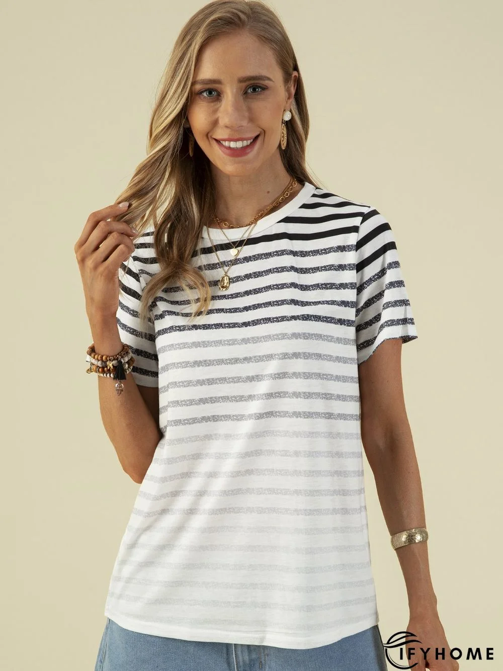 Crew Neck Stripes Short Sleeve T-shirt | IFYHOME