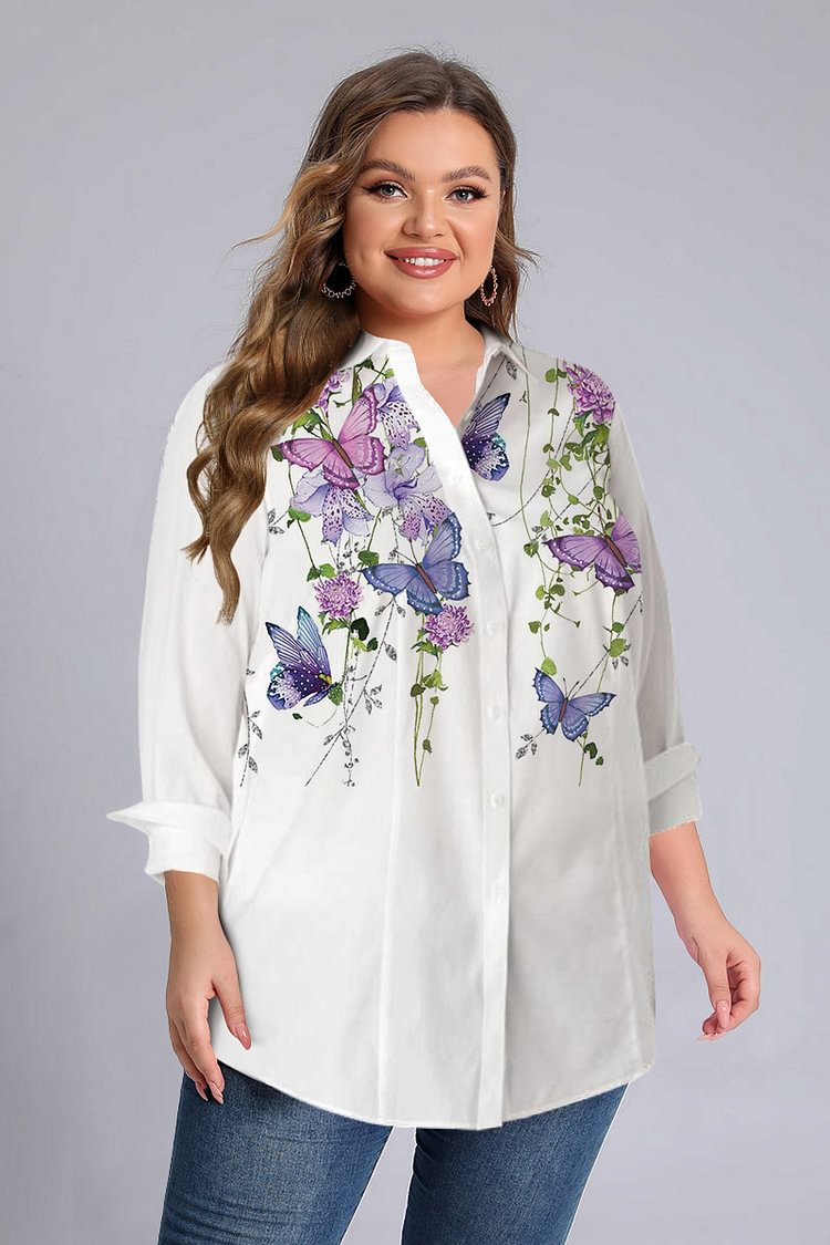Flycurvy Plus Size Casual White Turn-Down Collar Butterflies Print Blouses  flycurvy [product_label]
