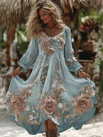 Women's Vintage Romantic White Rose Embroidery Art Comfy Linen Maxi Dress - Image 5