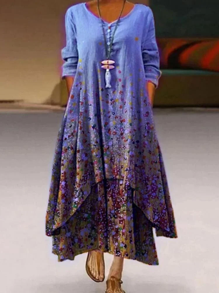 Women Clothes Spring Summer 2022 Plus Size 5xl Elegant Flowers Print   Long Sleeve Vintage Asymmetrical Hem Casual Loose Dress