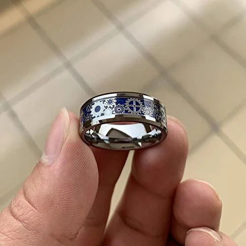 6MM 8MM Women's or Men's Tungsten Carbide Wedding Watches Gear Rings Blue Carbon Fiber Inlay Silver with Silver Mechanical Gears