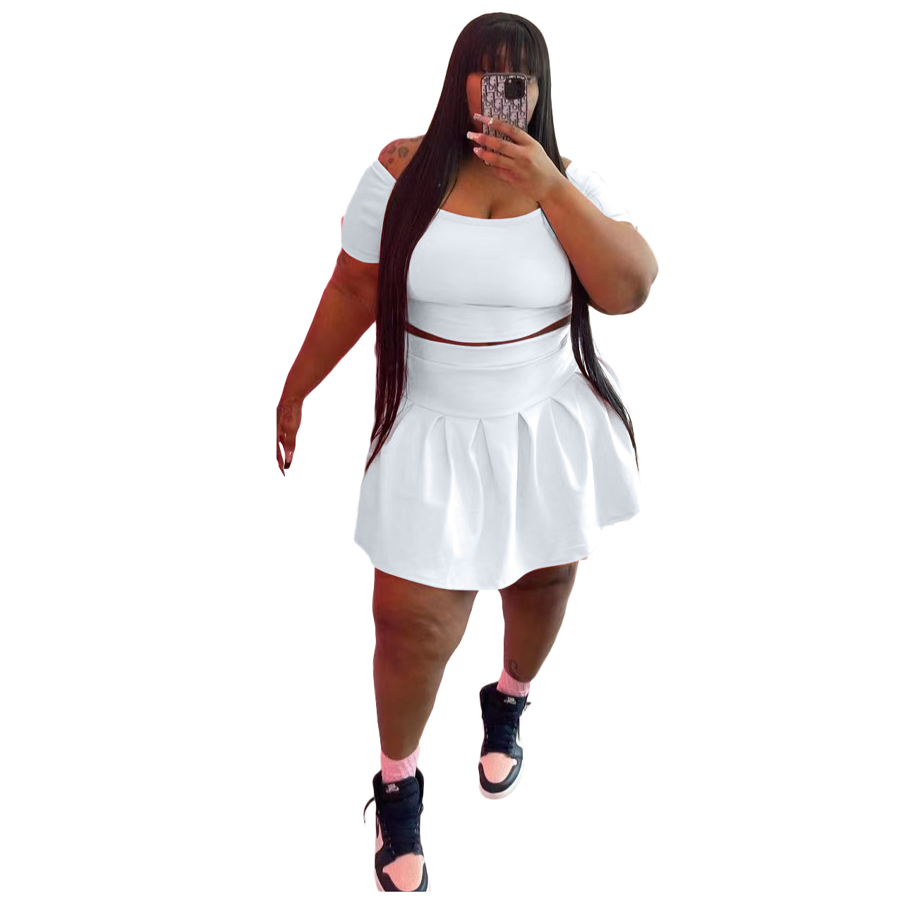 Mature Women Solid Draped Dress Plus Size Two-piece Suit