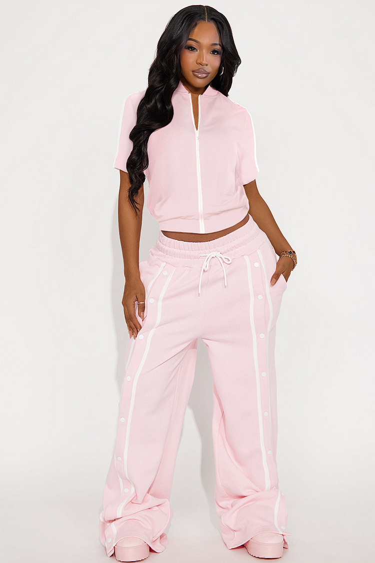 Short Sleeve Crop Top Contrast Piping Button Up Wide Leg Pants Set-Orange