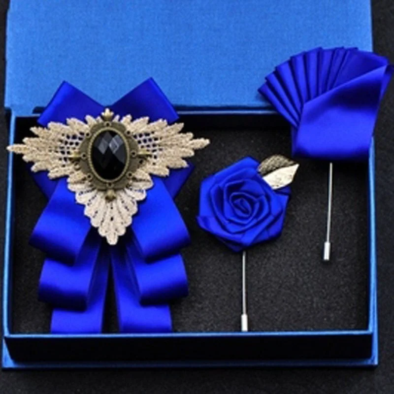 Fashion New Casual Multilayer Bowtie Diamond Brooch Rhinestone Red Bow Tie Brooch Set Wedding Groom Groomsmen Pocket Square Men