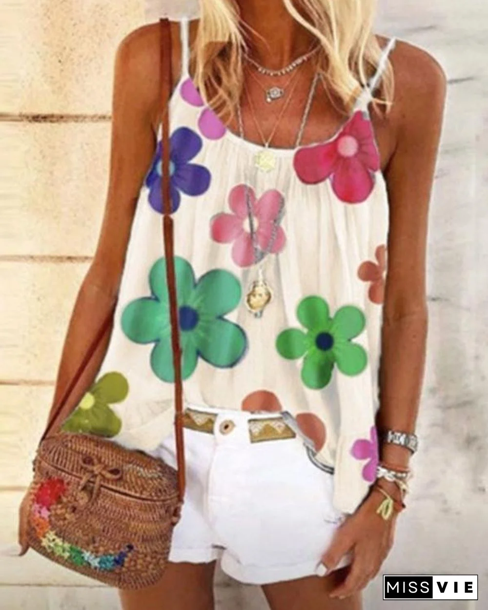 Print Floral Spaghetti Strap Sleeveless Casual Tank Tops