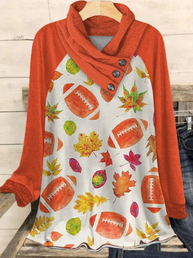 Vintage Autumn Football Leaves Print Tops