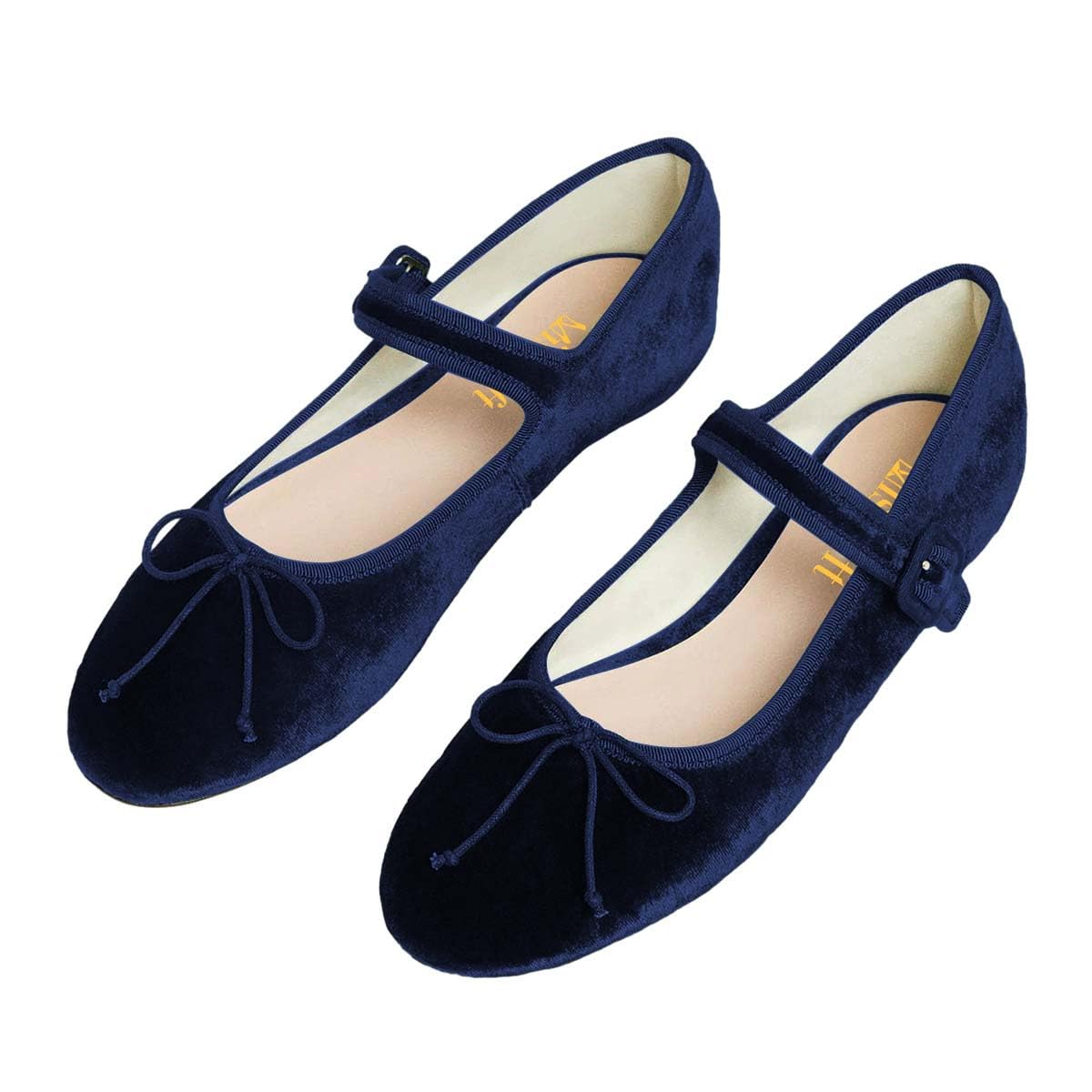 Navy Velvet Bow Tie Round Toe Ballet Flats with Buckle Strap Nicepairs