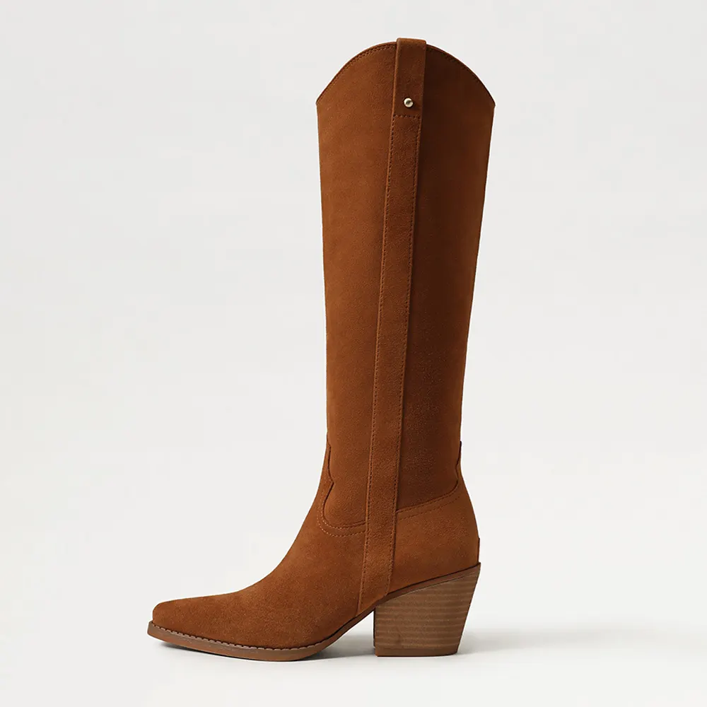 Classic Tan Pointed Toe Block Heel Cowboy Boots for Women