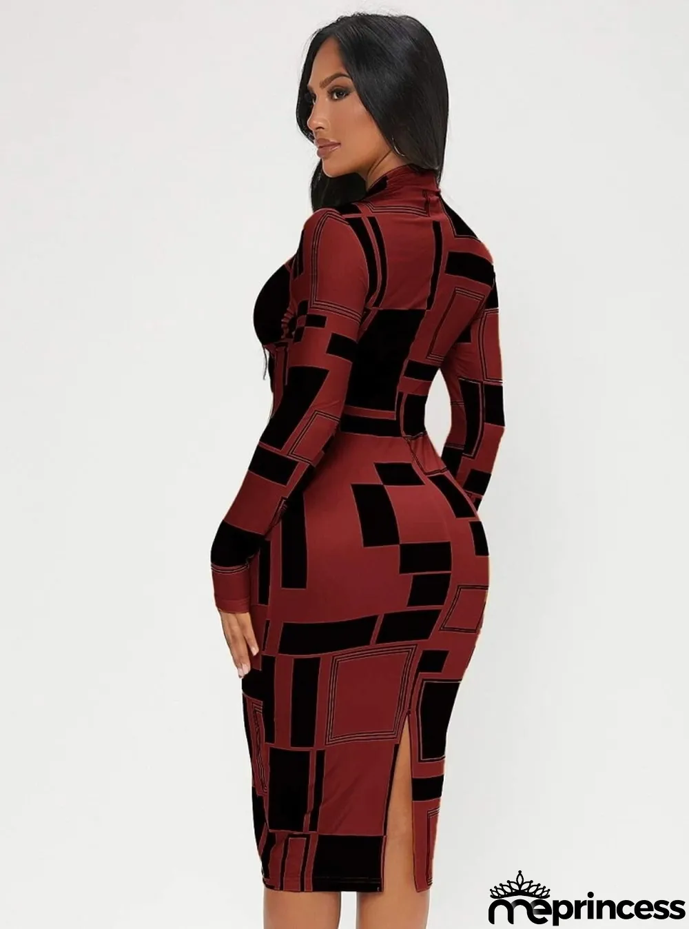 Women Spring Red Modest Turtleneck Full Sleeves Geometric Print Midi Bodycon Dress