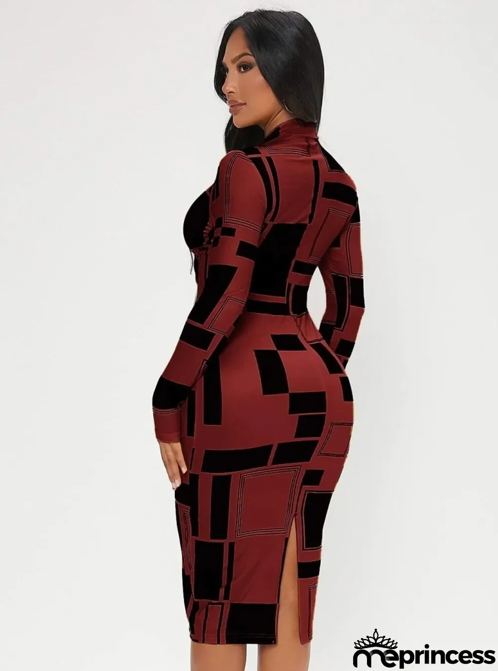 Women Spring Red Modest Turtleneck Full Sleeves Geometric Print Midi Bodycon Dress
