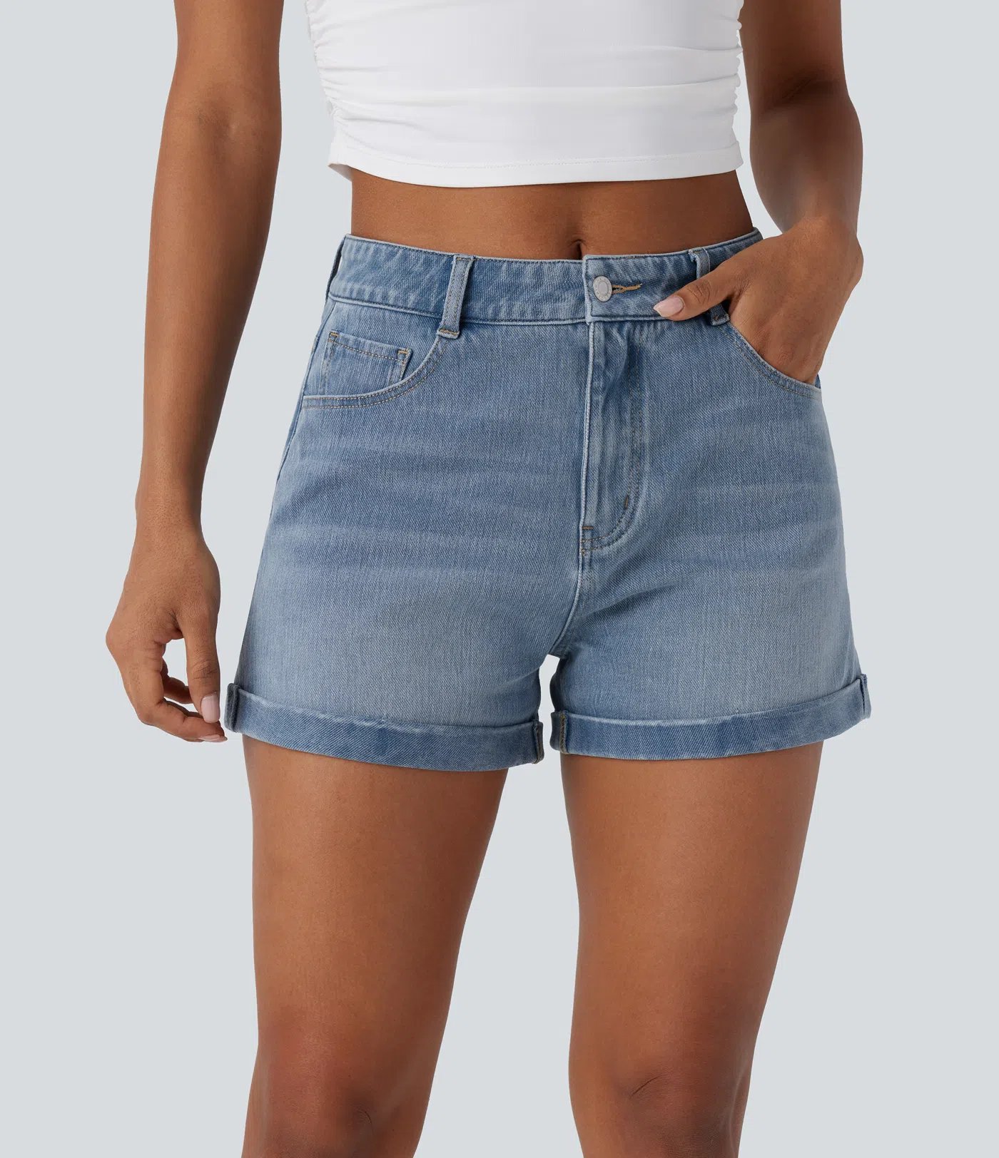 Halara Flex™ Mid Rise Button Zipper Multiple Pockets Stretchy Knit Denim Casual Shorts 3''