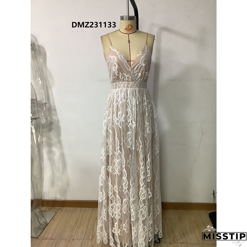 Women Summer Elegant V-Neck Backless Mesh Maxi Dress