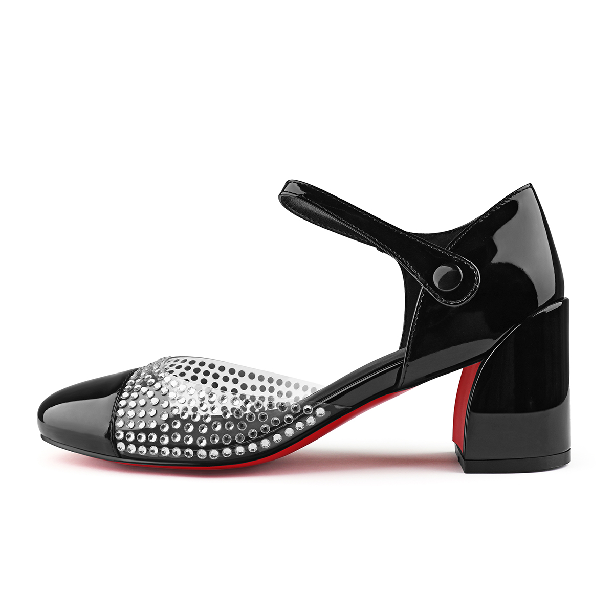 55mm Women's Round Toe Rhinestone Chunky High Heels Mary Jane Red Bottom Shoes-MERUMOTE