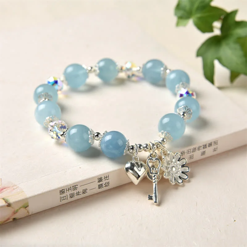 925 Sterling Silver Natural Aquamarine Serenity Flower Love Key Charm Bracelet