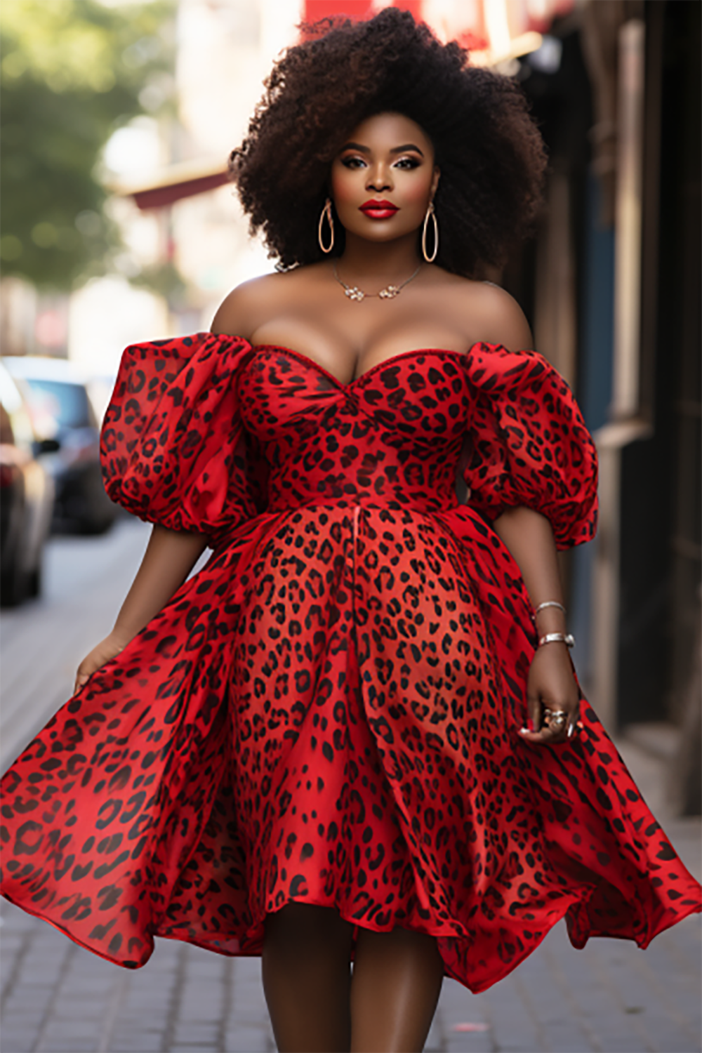 Design Plus Size Party Mini Dresses Red Leopard Spring Summer Off The Shoulder Puff Sleeve Chiffon Mini Dresses [Pre-Order]