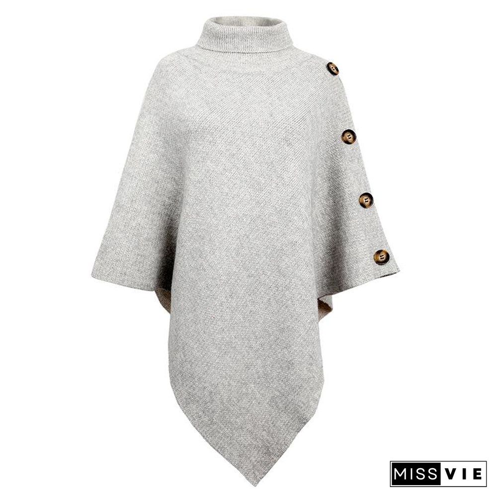 High Neck Plain Button Embellished Sweater Shawl