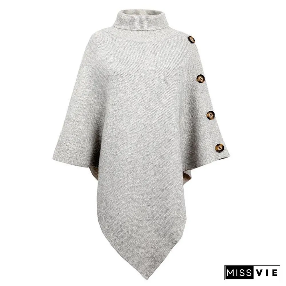 High Neck Plain Button Embellished Sweater Shawl