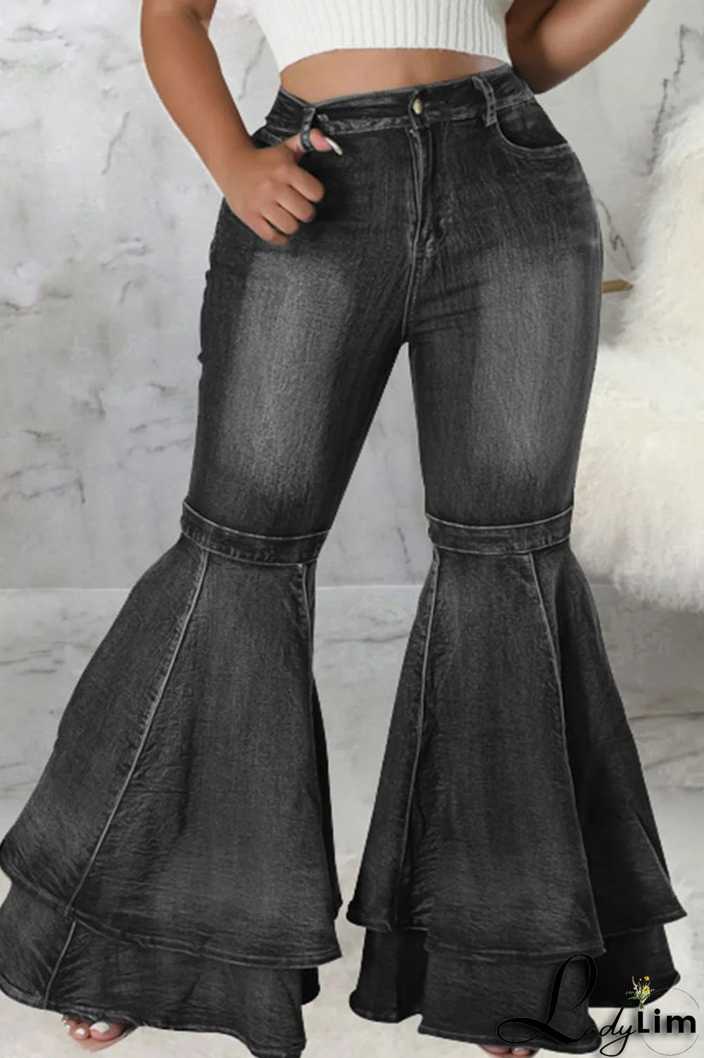 Black Street Solid Patchwork Plus Size Jeans