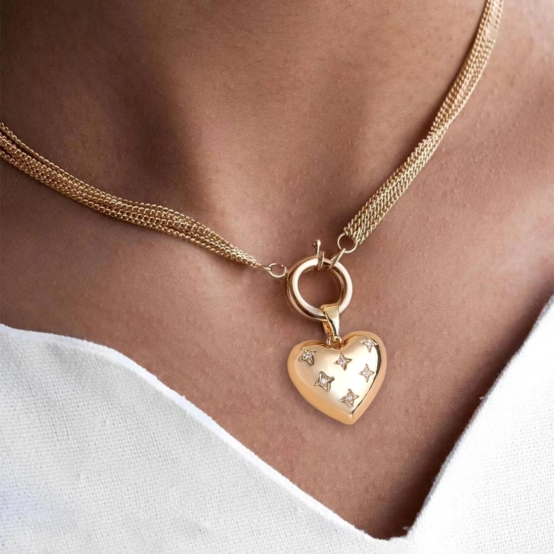 Exaggerated Punk Minimalist Heart Shape Copper Inlay Zircon Pendant Necklace