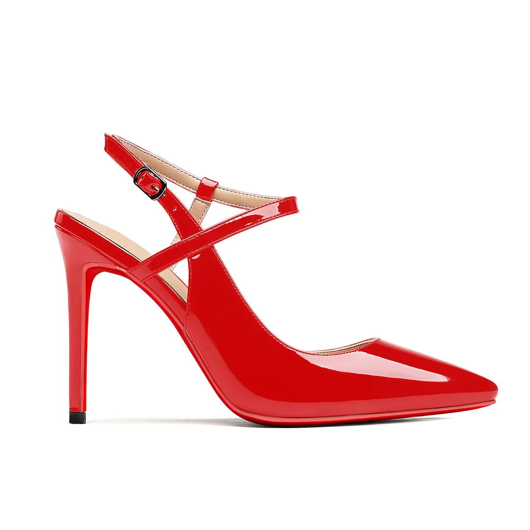 100mm Women Slingback Pumps Ankle Strap Jenlove Stiletto Mid Heel Close Pointed Toe Dress Red Soles-vocosishoes