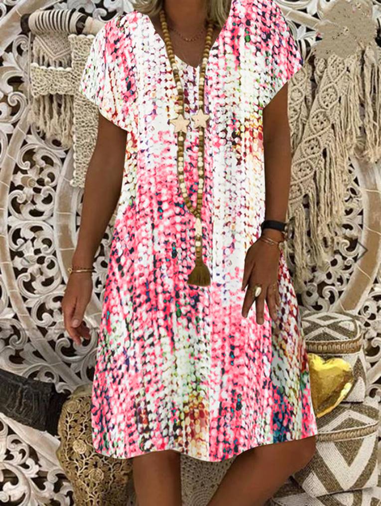 Women Half Sleeve V-neck Solid Color Dress