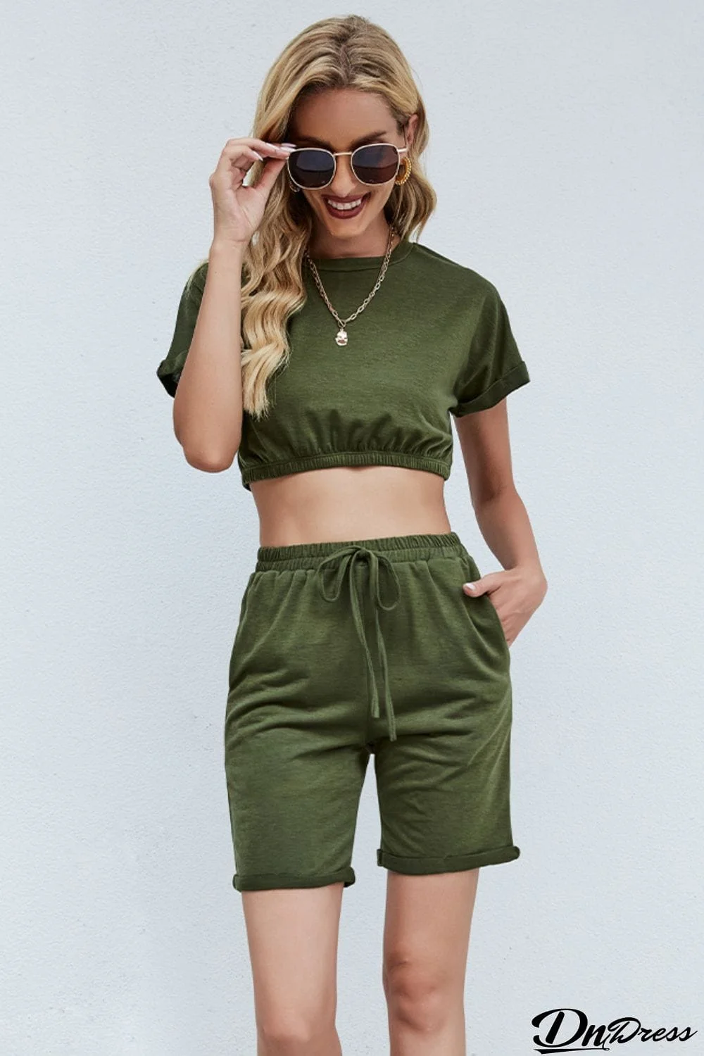 Cropped Tee and Drawstring Waist Shorts Set
