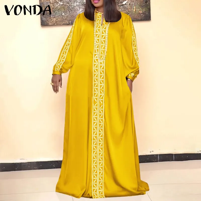 Summer Sexy V Neck Solid Women Maxi Dresses VONDA 2022 Ladies Pleated Baggy Vestidos Female Patchwork Print Party Robes Longue