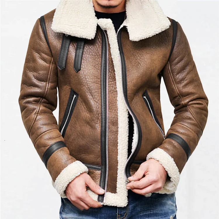 Men's Retro Turndown Collar Zipper Fleece-lined Buckle PU Leather Jacket