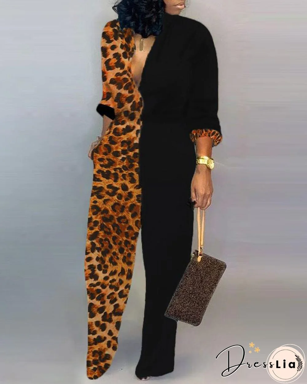 Plunge Colorblock Insert Leopard Jumpsuit