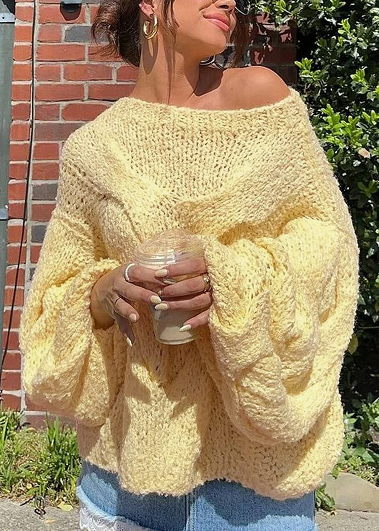 Handmade Yellow O Neck Knit Sweater Tops Lantern Sleeve
