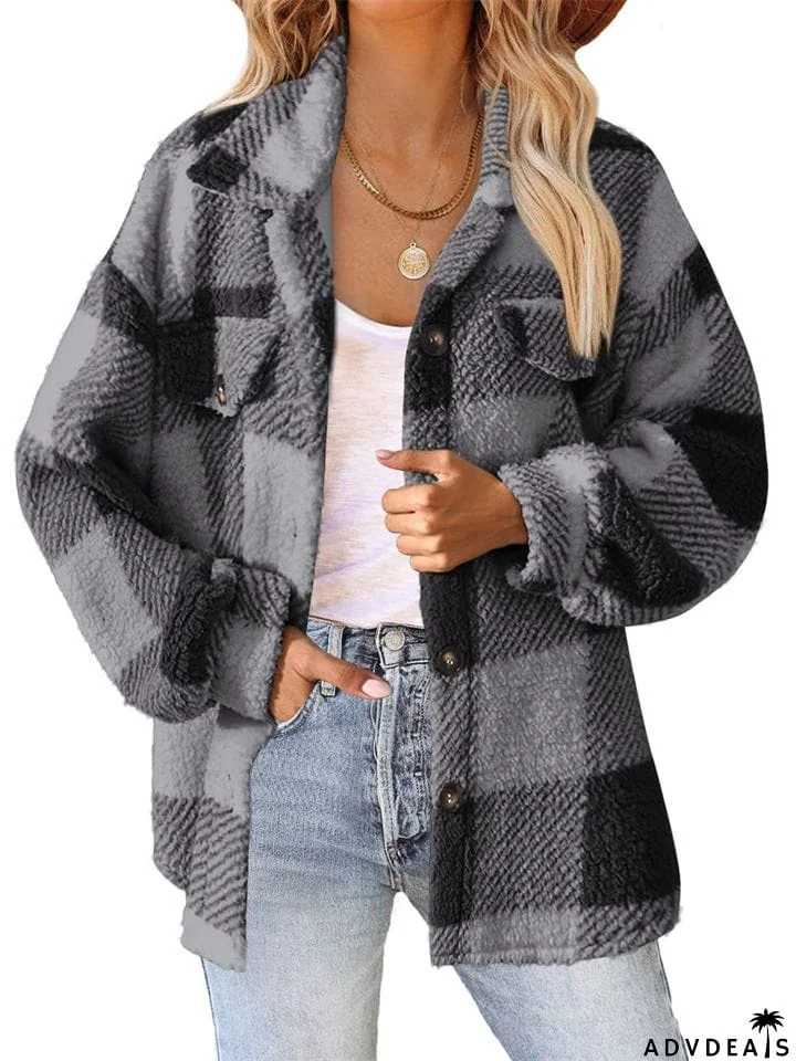 Female Casual Thermal Lapel Button Plaid Cashmere Coat