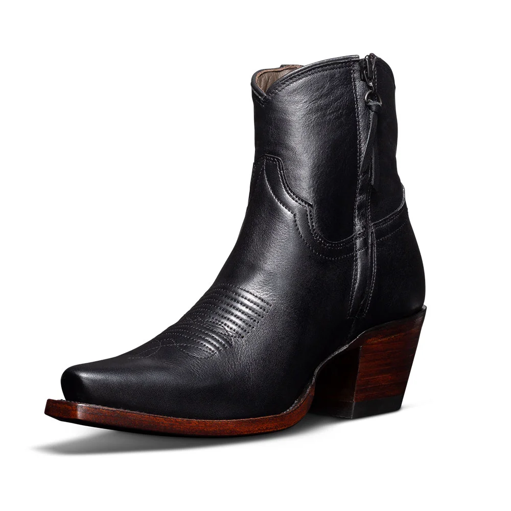 Black Snip Toe Chunky Heel Short Cowgirl Boots with Side Zipper