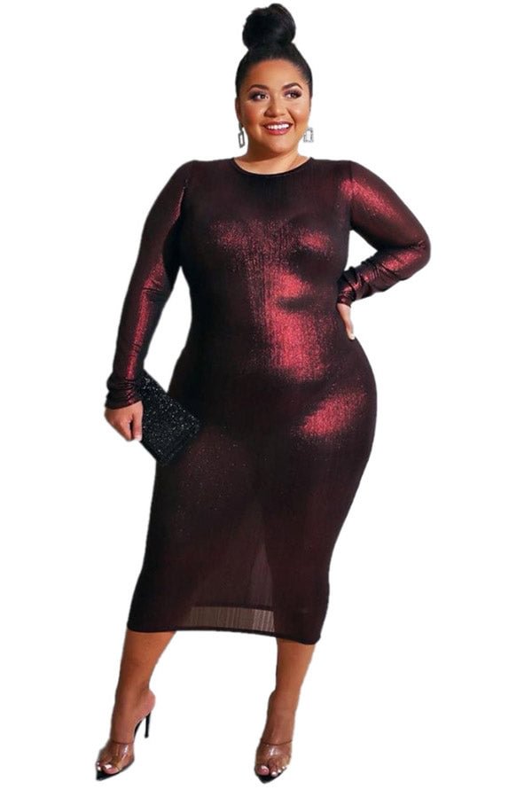 Plus Size Burgundy Long Sleeve Cocktail Party Dress - Chicaggo