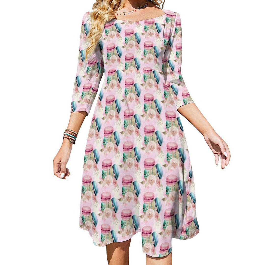 Colorful Macarons And Flowers Watercolor Pattern Dress Sweetheart Tie Back Flared 3/4 Sleeve Midi Dresses