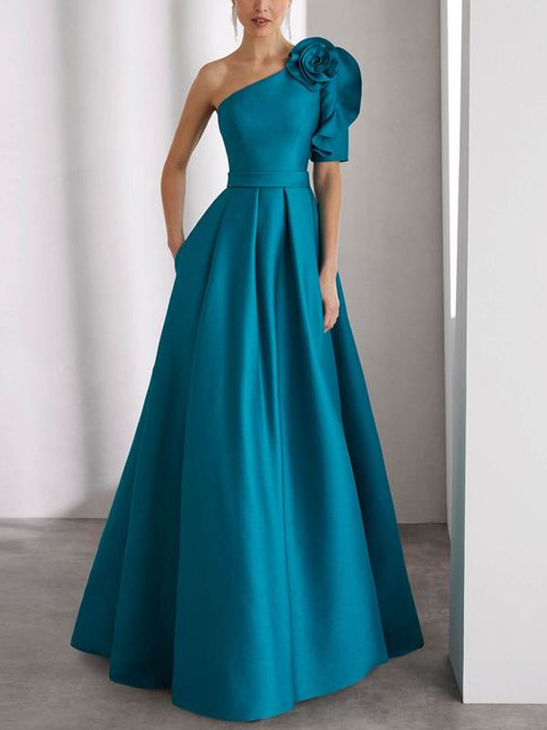 Oblique Shoulder Three-dimensional Floral Solid Color Maxi Dress