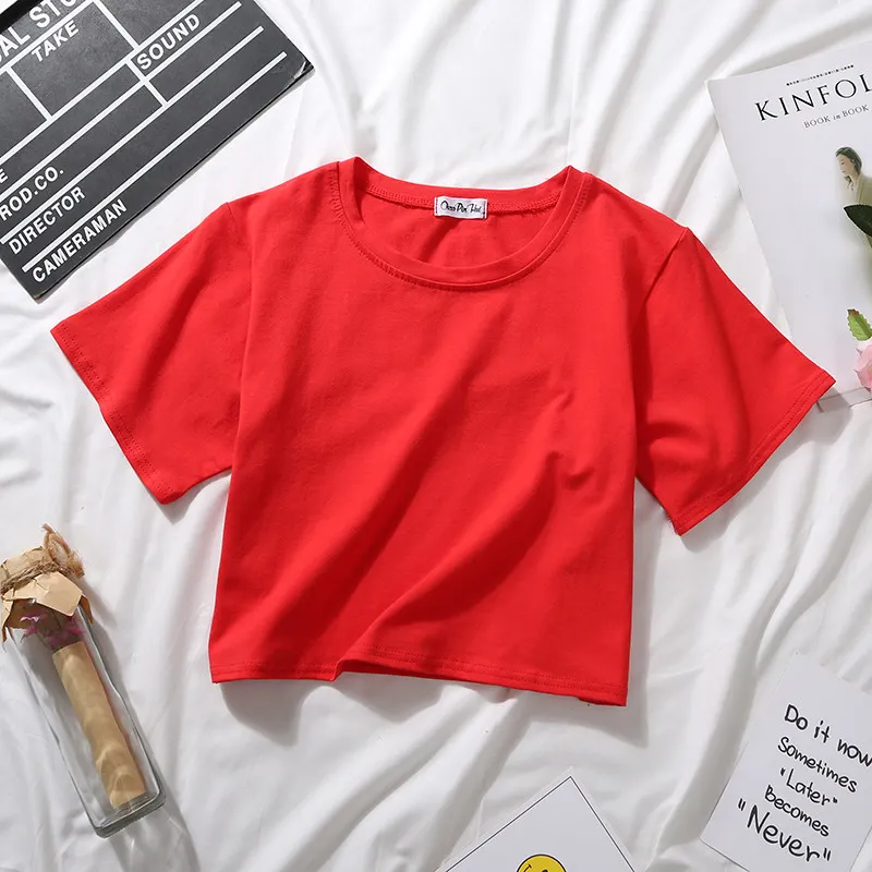 Churchf Churchf Top White Short T-Shirt Female Summer Short Sleeve Korean Version Pure Color Students High Waist Leakage Navel Loose Versatile