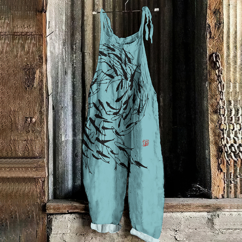 Vintage Flock Of Fish Graphic Painting Art Loose Jumpsuit