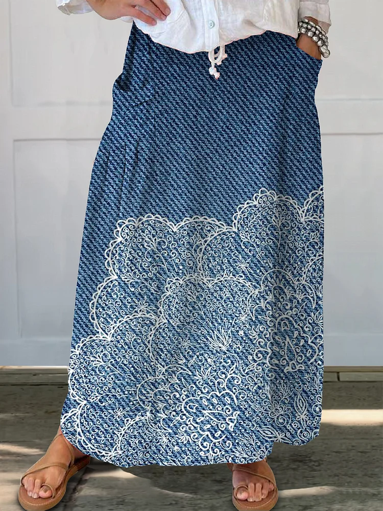 Women's Denim Texture Flowers Casual Print Linen Pocket Skirt socialshop