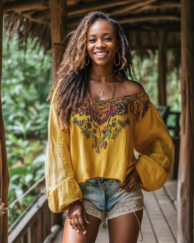 Vintage Western Print Off The Shoulder Blouses