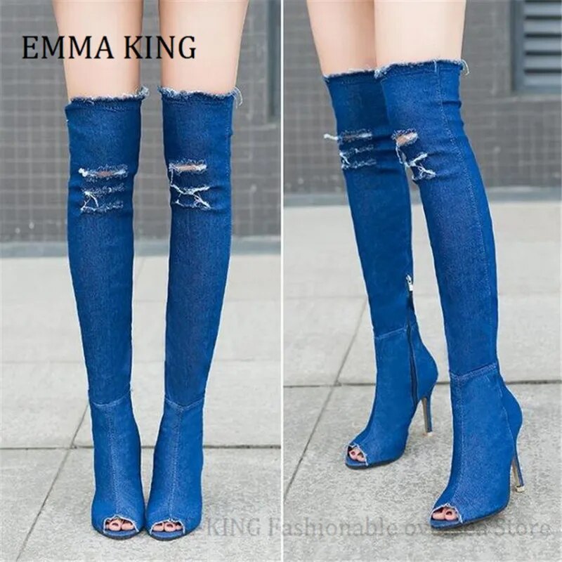 VCSHOES Women Jean Thigh High Boots Peep Toe Stiletto Heels Over The Knee Boots Zipper Woman Boots Zapatos De Mujer