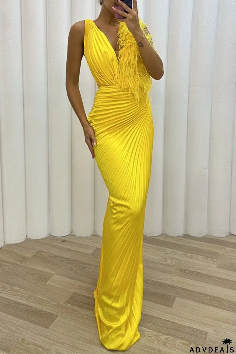 Sexy Solid Patchwork Pleated V Neck Long Dress Dresses