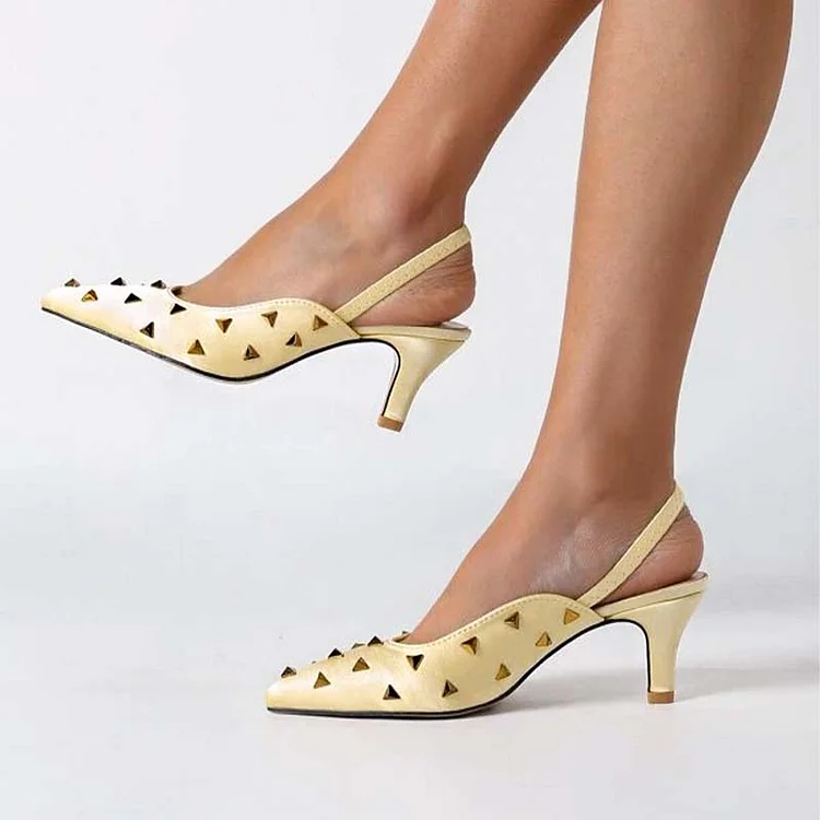 Yellow Pointed Kitten Heel Shoes Rivets Slingback Heels Pumps |FSJ Shoes