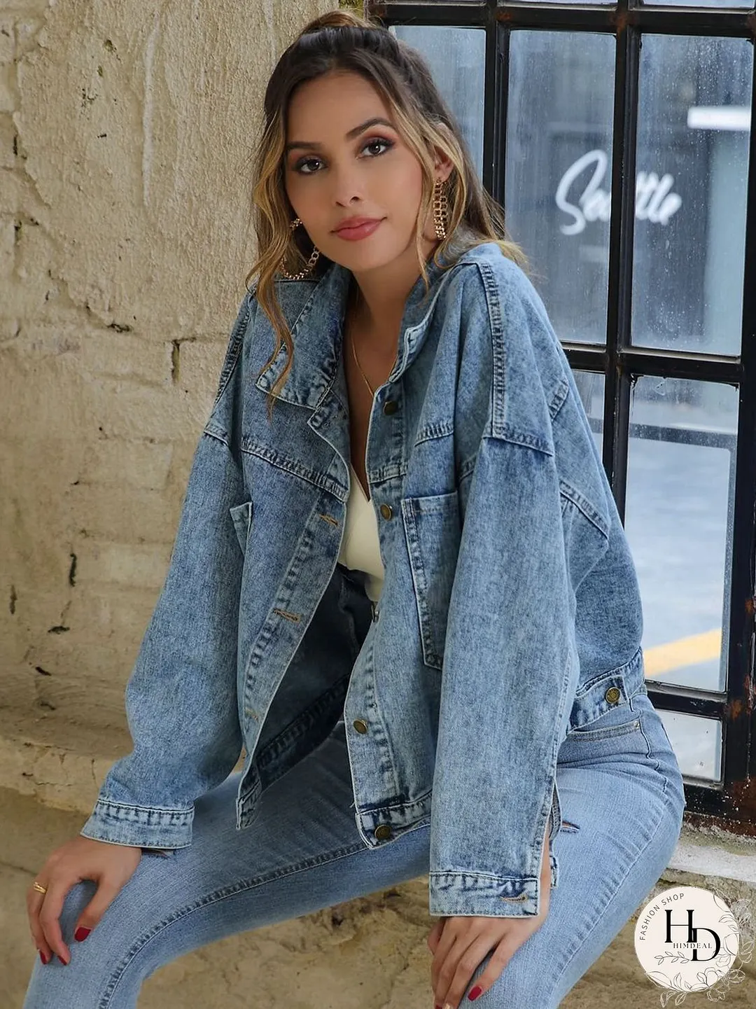Collared Neck Dropped Shoulder Denim Jacket